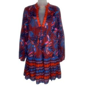 Farm Rio Long-Sleeve V-Neck Printed Mini Dress Small. NWOT